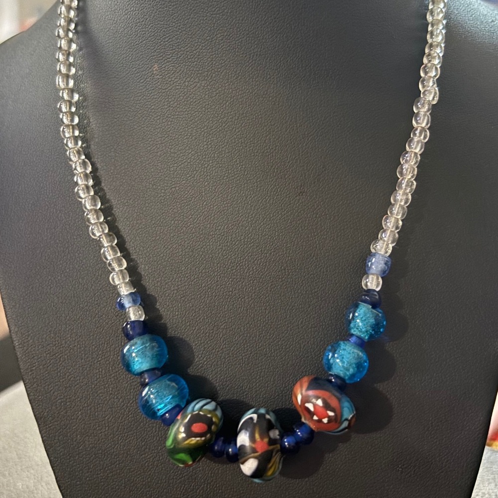 925 Murano Glass Milefori Beaded Necklace Stamped STG‎ Sterling 17"